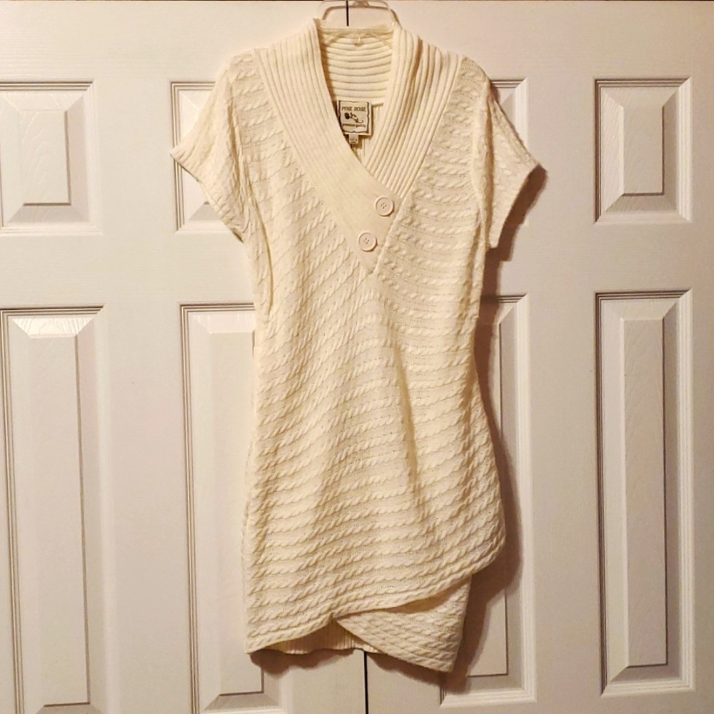 Pink Rose Girl's Large Cream Cable Knit Short Sleeve Sweater Dress